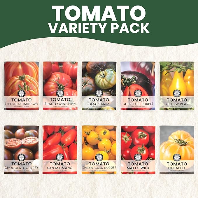 Tomato Seeds | 10 Invidiual Packs | 2025 Season | Non-GMO | Roma, Brandywine, Cherry & More! | for Planting Indoor & Outdoor | by Family Sown