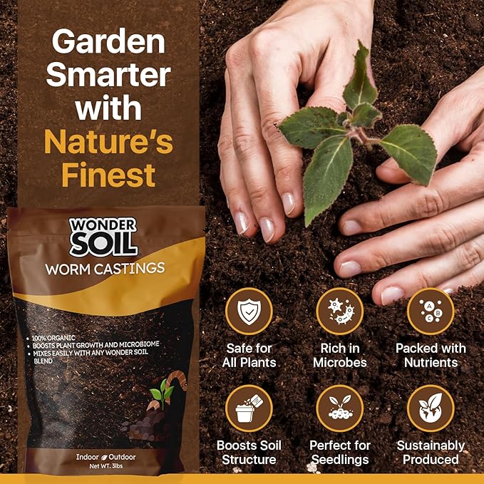 WONDER SOIL | Premium Organic Worm Castings for Plants | 3 lbs (2 Quarts) Bag Natural Soil Amendment for Indoor & Outdoor Plants, Vegetables, Flowers, Gardens | Fertilizer & Compost Enhancer | 3LBS