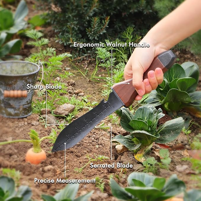 Restmo Hori Hori Garden Knife with Sheath, Durable Weeding and Planting Tools, High-Strength Stainless Steel Dual-Edge Blade, Ergonomic Walnut Handle for Gardening and Outdoor Use