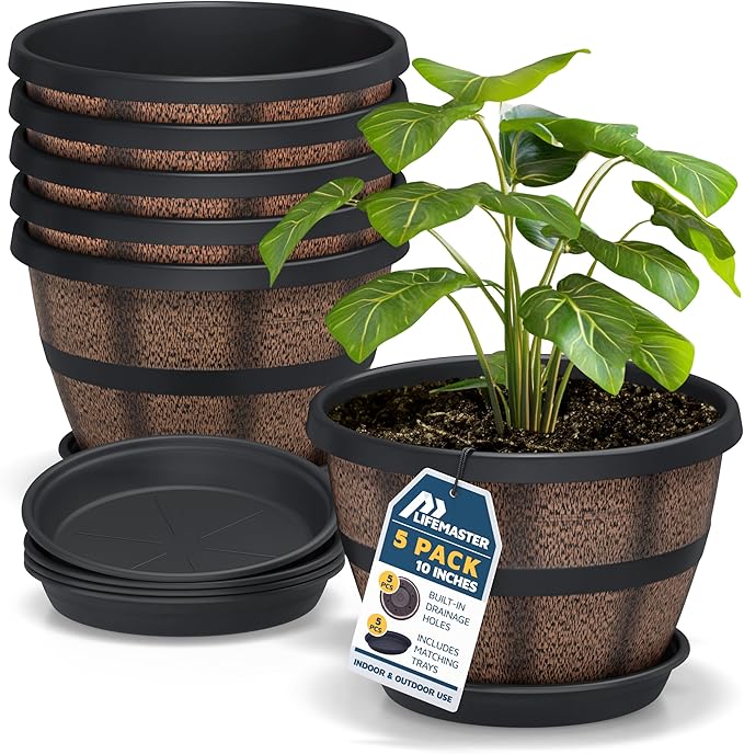 10-Inch Whiskey Barrel Planters Outdoor Pack of 5 - Durable Plastic Plant Pots for Indoor & Outdoor Use with Drainage & Saucer, Lightweight Rustic Barrel Planters for Flowers, Herbs & Small Plants