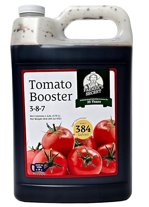 Farmer's Secret Tomato Booster Fertilizer (128oz) - Super Concentrated - 3:8:7 Ratio Fortified with Humic Acid, Iron and Calcium - Grow More Tomatoes