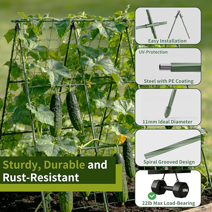 Miory Cucumber Trellis, A-Frame Trellis for Raised Bed, Garden Trellis for Climbing Plants Outdoor, Plant Support for Vegetables Vines, Steel with PE Coated(48" Lx48 H)