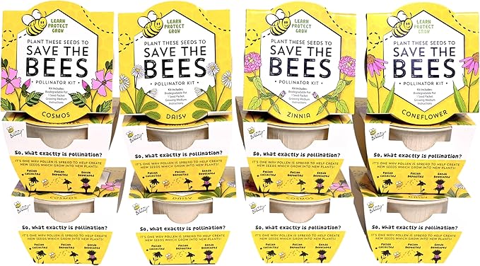 BUZZY Seeds 12 Pack Save The Bees Wildflower Grow Kits – 12 Biodegradable Pots with an Assortment of Coneflower, Zinnia, Daisy, Cosmos Seeds, Pollinator Garden Starter, Sustainable Party Favors