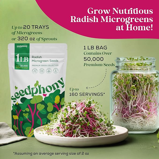 Radish Sprouting & Microgreens Seeds - 50,000 Non-GMO Heirloom Seed, 1lb Resealable Bag - High-Germination Radish Seeds for Sprouting in Jars, Soil, Hydroponics & Microgreen Trays