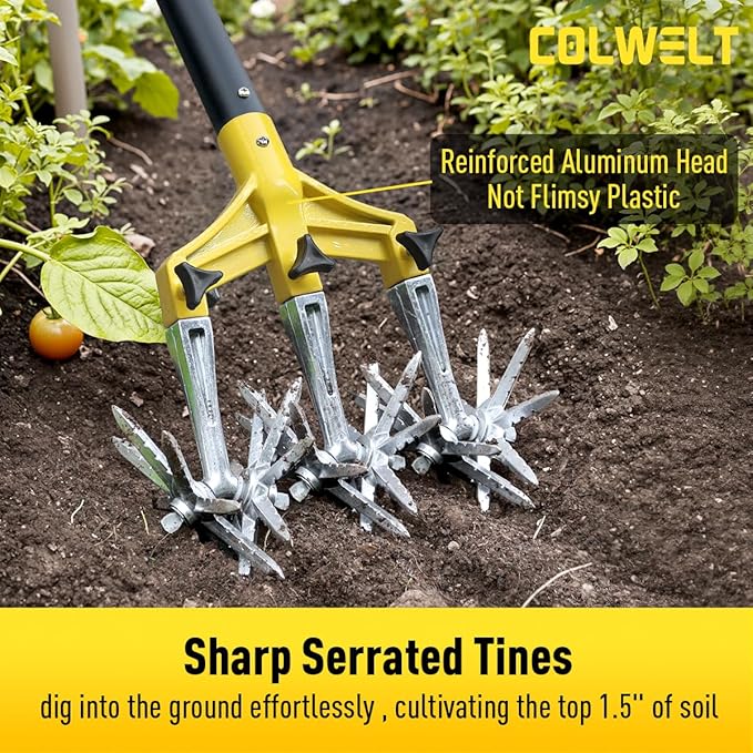 Colwelt Rotary Cultivator Garden Tool 61’’, Hand Tiller Garden Tool with Detachable Aluminum Tines, Cultivators for Gardening Soil or Reseeding Grass, Manual Cultivators & Tillers for Flowers Beds