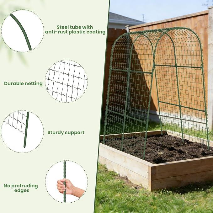 Cucumber Trellis, Metal Garden Arch Trellis for Raised Bed, 32 x 48inch U-Shape Garden Trellis for Climbing Plants Outdoor, Vegetables Fruit Plant Support with Netting, Gardening Supplies (Green)