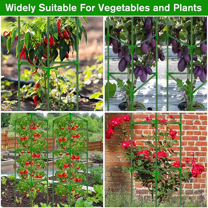 6 Pack Green Triangular Tomato Cages for Garden, Heavy Duty Fiberglass Plant Cages with Adjustable Support, Easy Assembly, Stable Structure