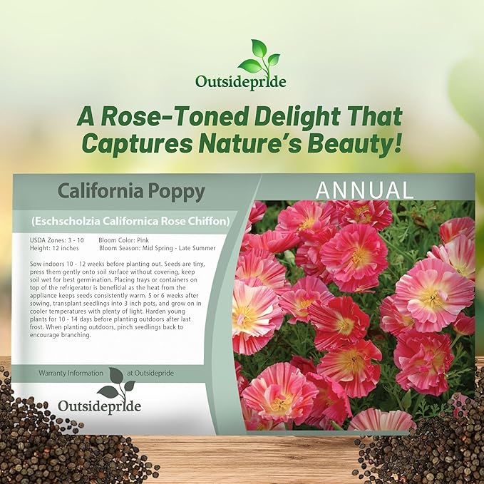 Outsidepride California Rose Chiffon Poppy Seeds for Planting - 200 Pcs Annual, Drought-Tolerant & Easy to Grow Wildflower Seeds with Vibrant Pink Blooms for Landscaping, & Pollinator Garden