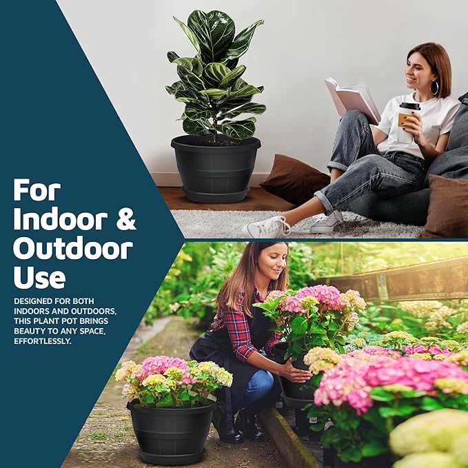 10-Inch Whiskey Barrel Planters Outdoor Pack of 2 - Durable Plastic Plant Pots for Indoor & Outdoor Use with Drainage & Saucer, Lightweight Rustic Barrel Planters for Flowers, Herbs & Small Plants