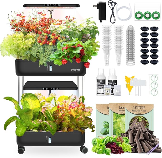 DRYADES 44-Pod Indoor Hydroponic Growing System + 3 Free Seeds Starter Kit (Lettuce, Salad Mixed, Basil Seeds) – Dual 53W Full-Spectrum LED, 10-L Water Tank, 2-Tier Grow Pods (44 Pods)
