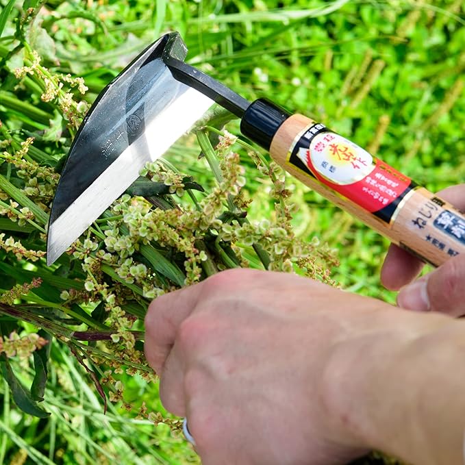 HONEN Japanese Nejiri Kama Weeding Sickle, Thin Composite Steel Blade for Sharp Precision Weeding in Tight Spaces, Wood Handle, Made in Japan