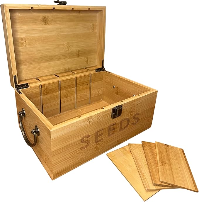 Nimpro Bamboo Garden Seed Storage Organizer Box, Wooden Seed Box with Removable Dividers, Metal Handle and Latch, Seed Keeper Organizer for Garden Seed Packets and Storage (10.59 x 7 x 5.12 in)