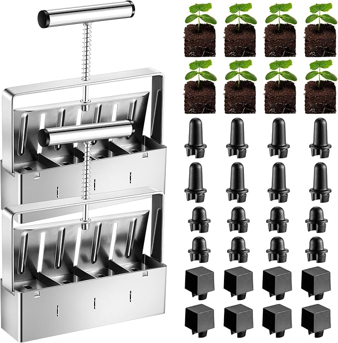 2 Set Soil Blocker, 2 Inch 4 Cell Upgraded Soil Blocking Tool for Seed Starting, Handheld Soil Block Maker with 3 Sizes Seed Pins for Garden Soil Potting Transplanting Germination