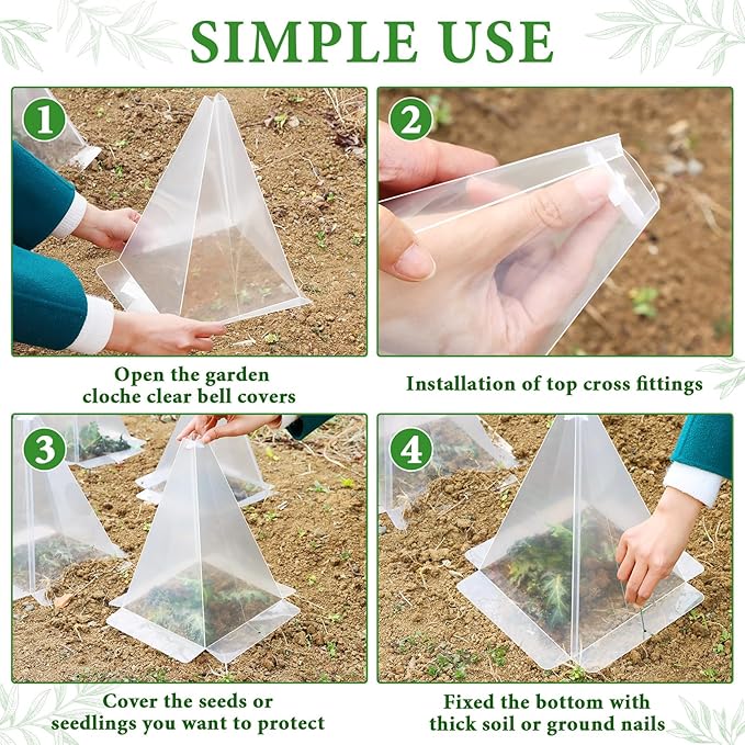Garden Cloches for Plants, 50 Pack Plastic Small Plant Seedling Protector, Reusable Clear Bell Covers with 100pcs Metal Stakes, Mini Greenhouse Against Sun, Frost, Snails, Birds, 7.8" x 11"