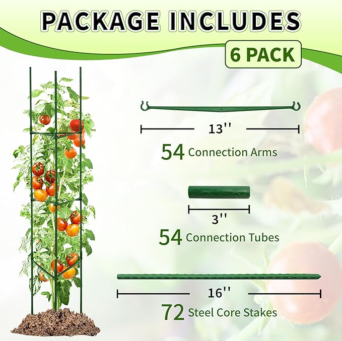 TCBWFY 6-Pack 63-Inch Adjustable Tomato Cages, Heavy-Duty Metal Plant Support Trellis for Garden and Pots, DIY Tomato Stakes, Height Adjustable 16 to 378 Inches