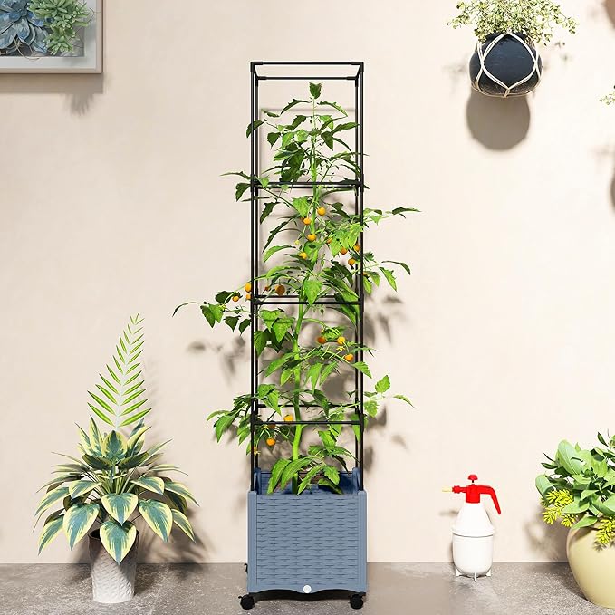 Outsunny Raised Garden Bed with Trellis, 71.7" Tomato Cage with Lockable Wheels, Self Watering Outdoor Planter Box with Drainage Holes and Plugs for Climbing Plants, Vines, Vegetables, Flowers, Gray