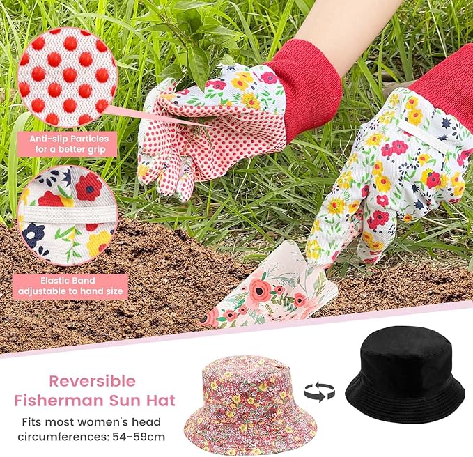 SNAIL GARDEN 6Pcs Garden Tools with Reversible Fisherman Sun Hat & Storage Bag,Gardening Hand Tools, Durable Rust-Proof Gardening Supplies, Garden Kit for Women Female Gardeners
