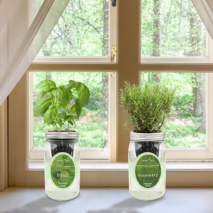 2-Pack Hydroponic Mason Jar Herb Garden Kit, Indoor Herb Garden Self-Watering Starter Kit, New Christmas Gift for Mom (Basil,Rosemary)