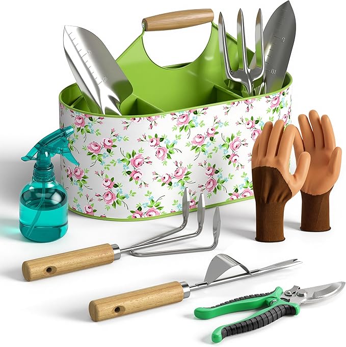 9-Piece Garden Tool Set, Heavy Duty Metal Storage Basket with 4 Compartments, Premium Stainless Steel Gardening Tools with Ergonomic Gardening Kit for Planting, Gardening Gift for Men Women