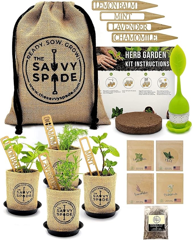 Tea Seeds Herb Garden Kit Indoor – Non-GMO Heirloom Chamomile, Lavender, Mint, Lemon Balm Herbal Tea Seeds for Planting – Tea Making Kit w/Soil Amendments, Markers, Infuser – Gardening Gifts