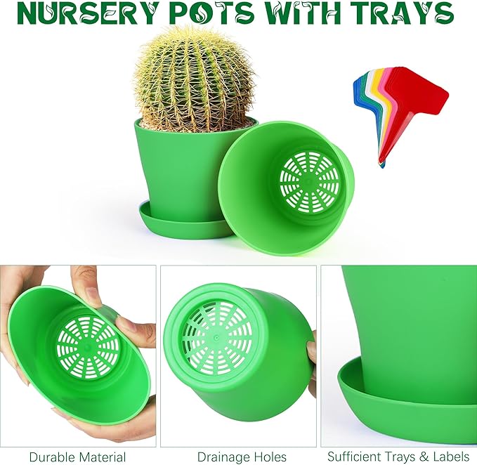 Aodaer 72 Pack 4 Inch Plastic Flowerpot with Multiple Drainage Holes and Tray Indoor Outdoor Flower Plant Nursery Pots with Labels Flower Seedling Pots for Herb Garden Home Succulents, Assorted Colors
