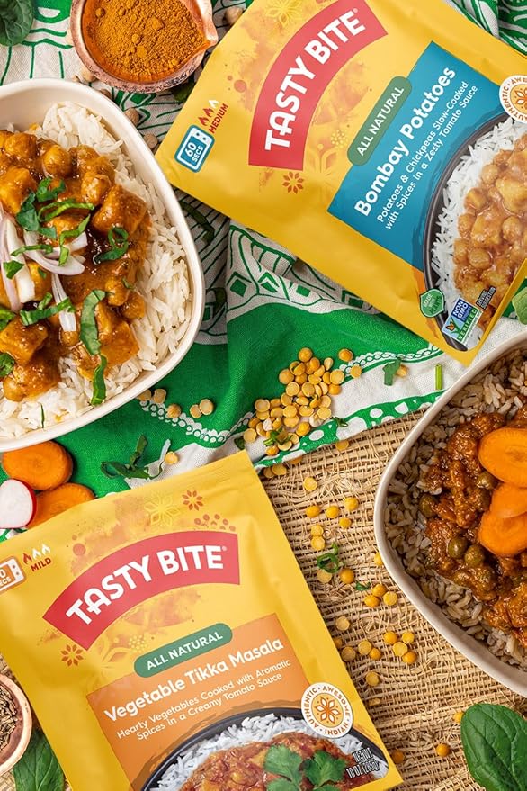 Tasty Bite Variety, Pack of 8, Madras Lentils, Bombay Potatoes, Vegetable Tikka Masala, Channa Masala, 3Bean Madras Lentils, Split Pea & Turmeric Curry, Coconut Squash Dal, Chickpea Coconut and Turmeric Curry