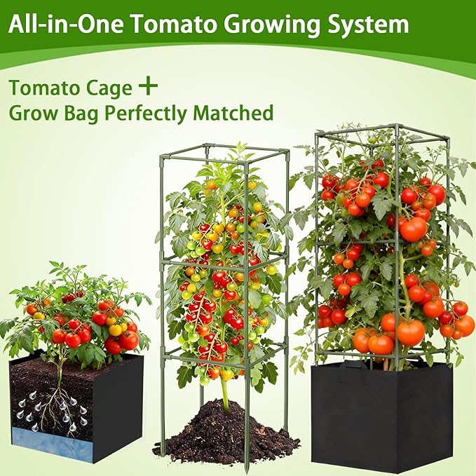 3 Pack Tomato Cages for Garden, 47in Tall Square Tomato Trellis with 15 Gallon Grow Bags, Plant Planter for Garden, Patio & Balcony, Metal Tomato Cage for Tomatoes Cucumbers Peas Climbing Plants