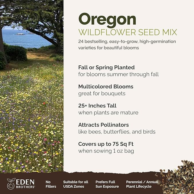 Eden Brothers Oregon Wildflower Mixed Seeds for Planting, 1 oz, 30,000+ Seeds with Bluebell, Cornflower | Attracts Pollinators, Plant in Spring or Fall, Zones