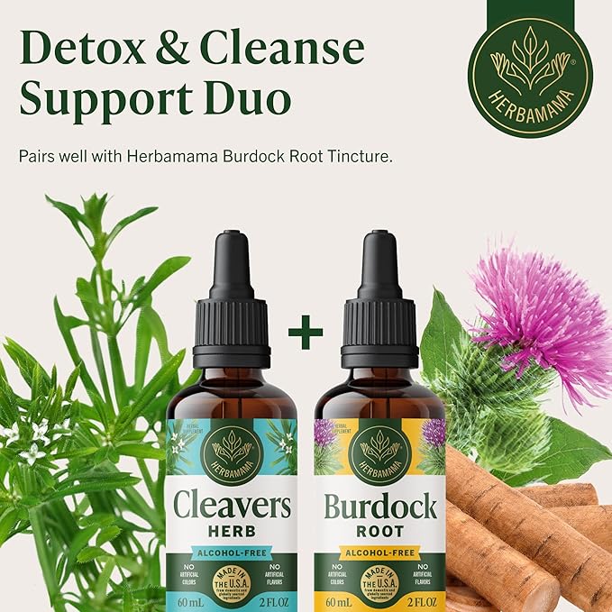 HERBAMAMA Cleavers Herb Tincture - Vegan Natural Detox & Cleanse Support with Cleavers Leaf Extract Drops - Non-GMO, Alcohol & Sugar-Free Liquid Herbal Supplement, 42-Day Supply