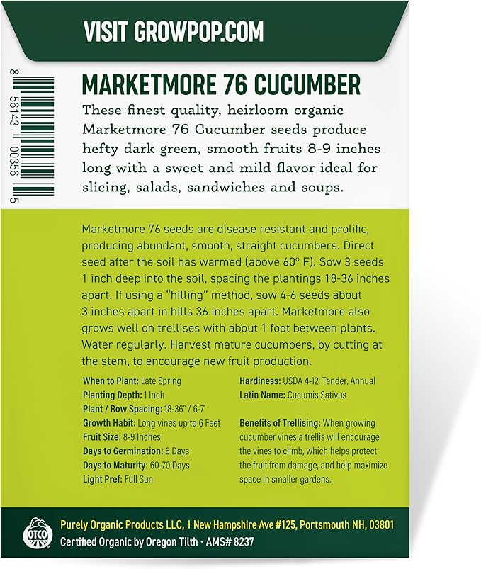 Organic Cucumber Seeds (Marketmore 76) - Approx 100 Seeds - USDA Organic, Non-GMO, Open Pollinated, Heirloom, USA Origin
