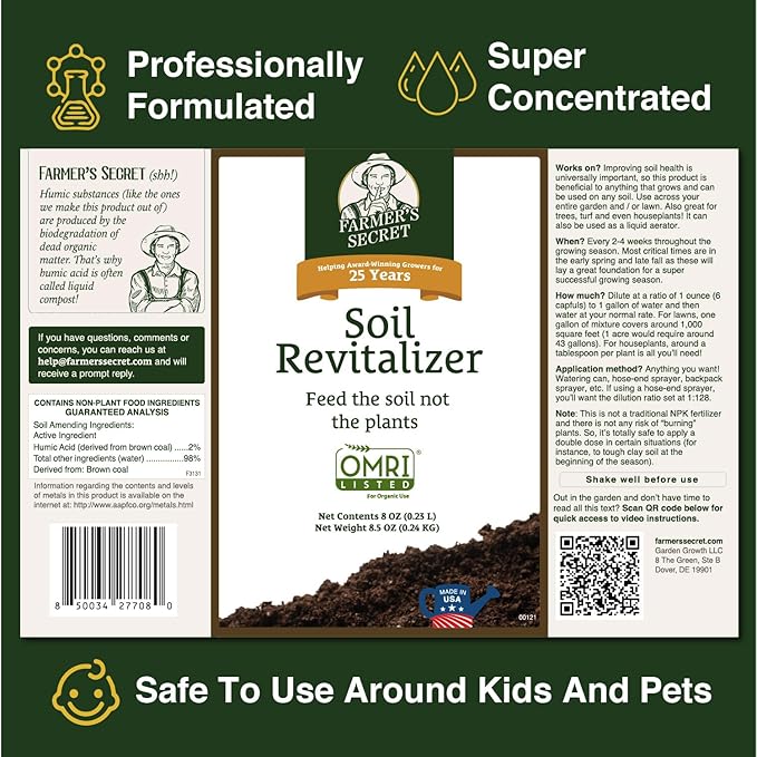Farmer’s Secret Soil Revitalizer (128oz) - Organic (OMRI Listed) Beneficial Soil Booster - Activated Humic Acid - Liquid Compost Soil Amendment