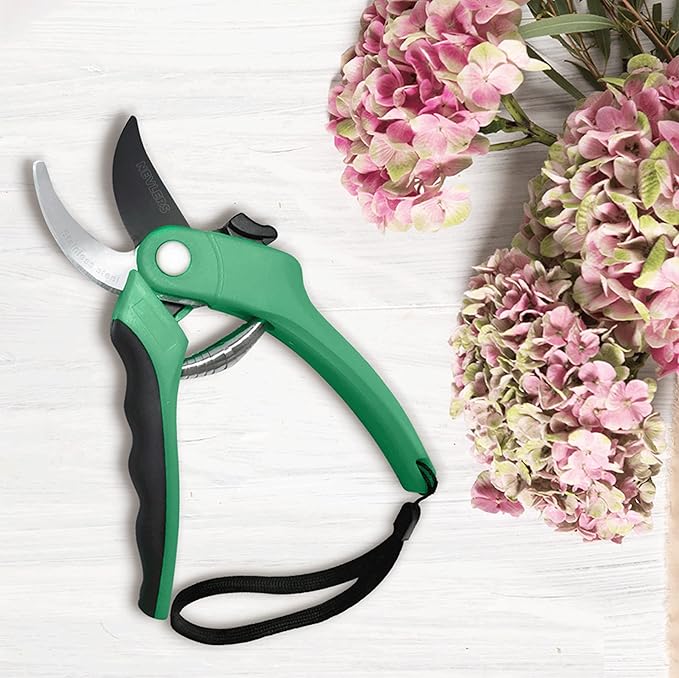 Nevlers 8" Green Bypass Pruning Shears Heavy Duty | Flower Shears & Pruning Scissors w/Steel Blades, Blade Lock & No-Slip Grip | 8mm Cut Capacity Garden Clippers Handheld for Flower Stems & Branches