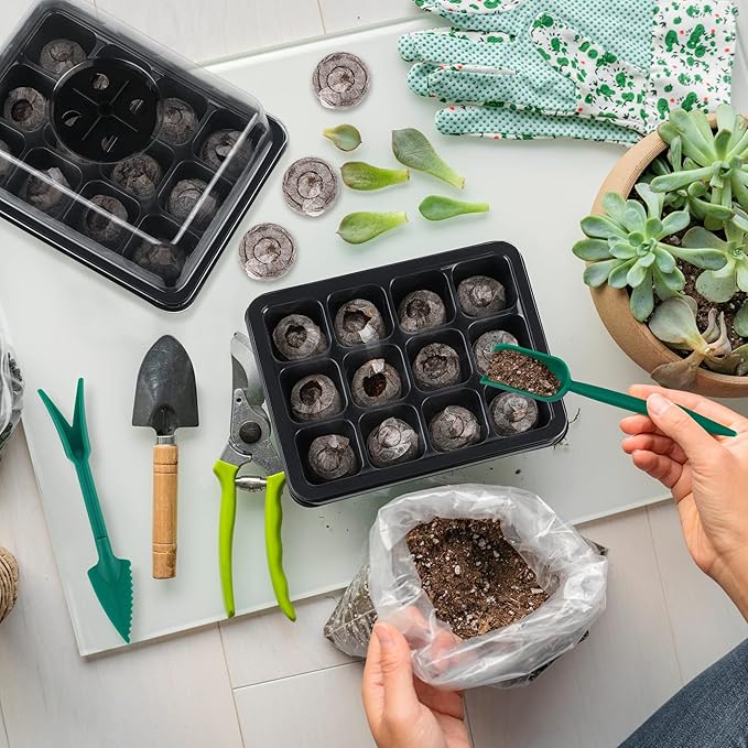 Hahood 6 Pack 12-Cells Seed Starter Tray Kit with Humidity Dome and Base, Germination Tray Including Peat Pellets, Plant Labels, Tool, Plastic Plant Seedling Starter Trays for Indoor Outdoor, Black