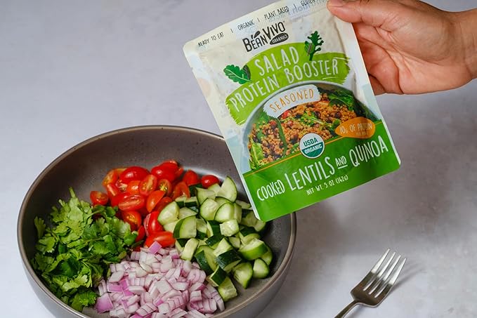 BeanVIVO 3-Pack Salad Protein Booster - Organic Lentils & Quinoa, fully cooked and seasoned, delivering a burst of taste and 10g of protein-packed goodness in every pouch 5oz