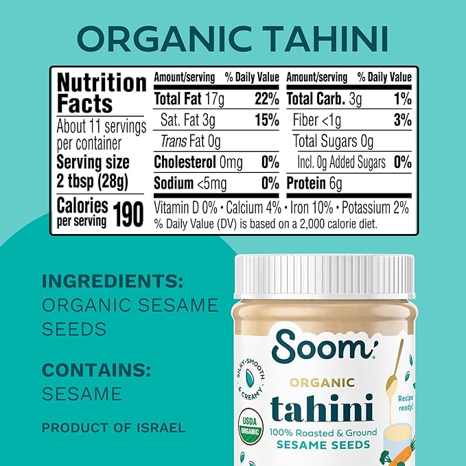 Soom Foods Organic Tahini 11oz (1 Pack) | Roasted & Ground Sesame Seed Paste | Creamy Tahini for Dubai Chocolate, Hummus, Sauces | Vegan, Nut-Free, Gluten-Free, Kosher, Keto, Paleo, Whole30