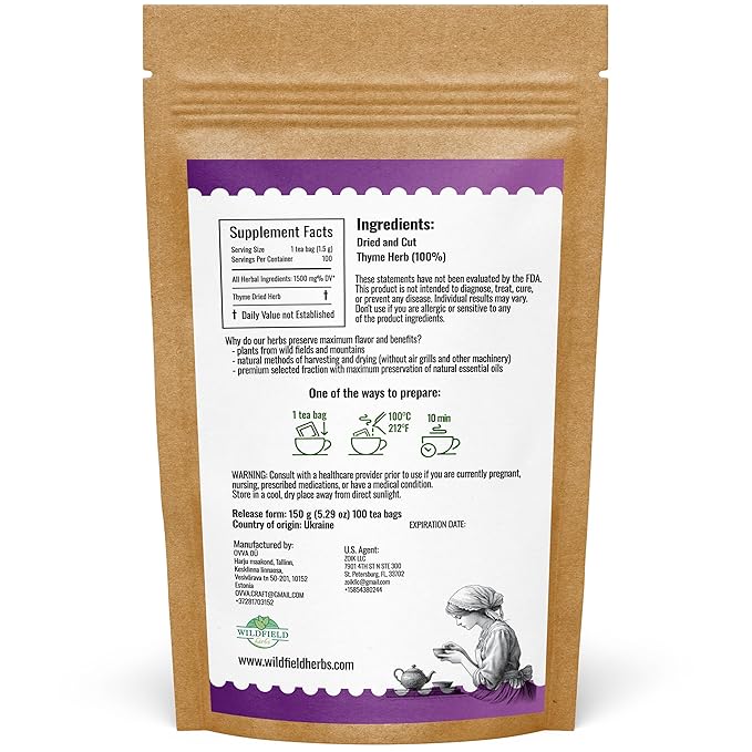 100 Bags Thyme Tea Thyme Leaves Tyme Herb Tea (Thymi Serpiylli Herba) - 100 Count 1.5 g Bags Thymus Serpyllum Herb Tomillo En Hierba