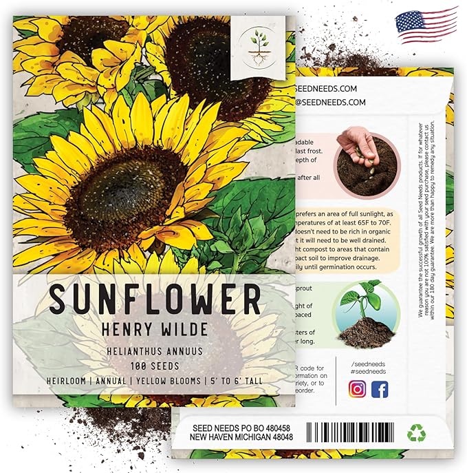Seed Needs, Henry Wilde Sunflower Seeds - 100 Seeds for Planting Helianthus annuus - Open Pollinated Annual Flowers to Grow a Butterfly Garden (1 Pack)
