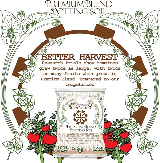 Organic Mechanics Premium Blend Potting Soil, 16 qt - Moisture-Retentive, Peat-Free, Compost - Enriched Mix with Worm Castings & Perlite for Houseplants, Annuals, Veggies & Tropical Plants