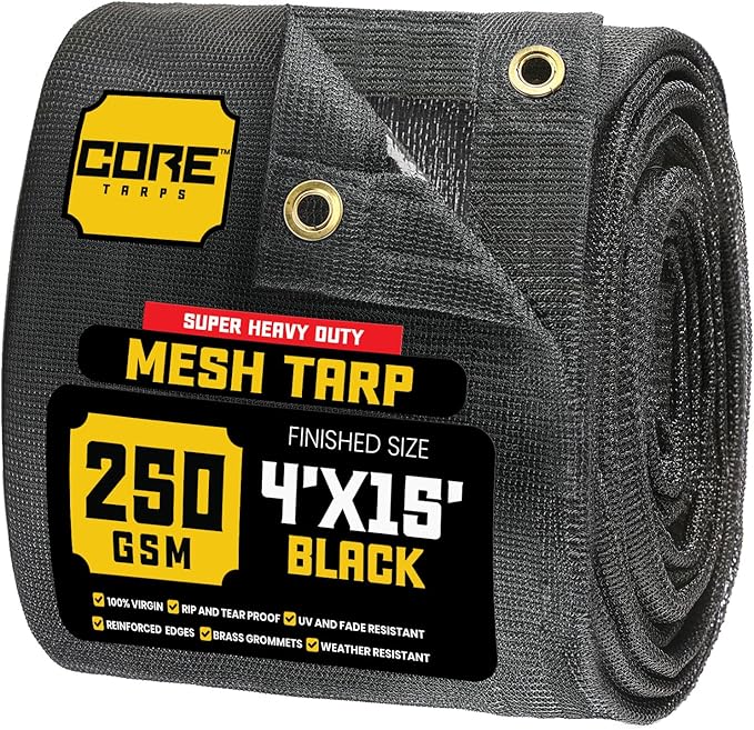 Core Tarps 60% Black Shade Cloth with Grommets - 4 X 15 FT Heavy Duty Mesh Tarp - Sun Shade Cloth for Garden Vegetables Plants Greenhouse Outdoors Backyard Fences Dump Trucks Patio Mesh Shade Tarp