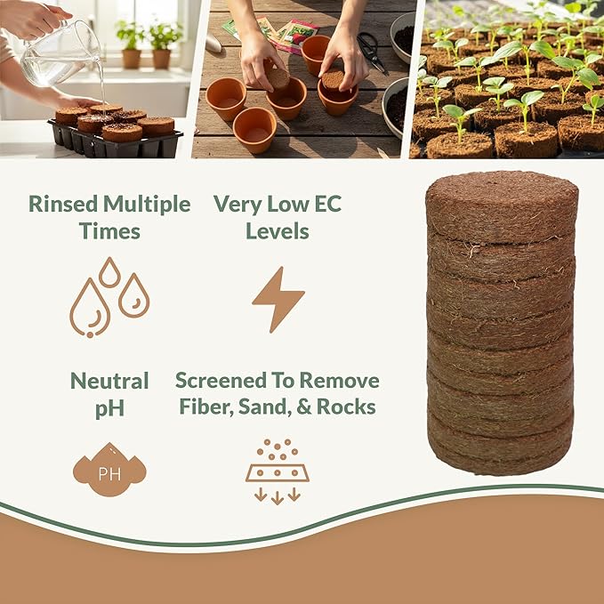 Coco Coir Discs (70mm 50-Pack) - Organic Coconut Coir Seed Starting Discs - Coconut Fiber Seedling Soil for House Plants, Potting Soil, & Indoor Plants - Organic Coco Coir for Plants & Potting Mix