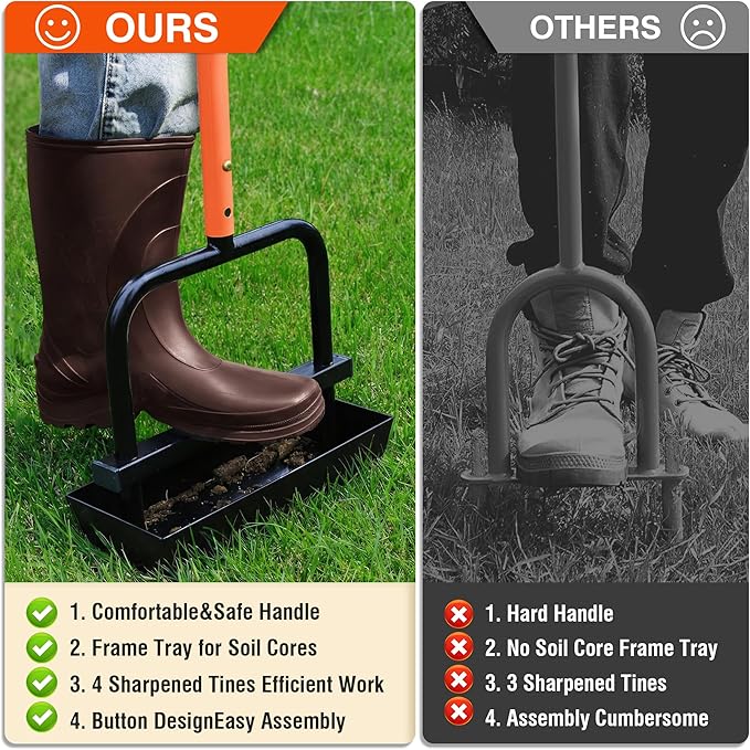 Updated Lawn Aerator Tool with Soil Core Collection Tray, Lawn Core Aerator with 4 Tines Manual Grass Aerator, Spike Lawn Coring Aerator for Yard Lawn Aeration Soil Loosening Garden Tool, Coral