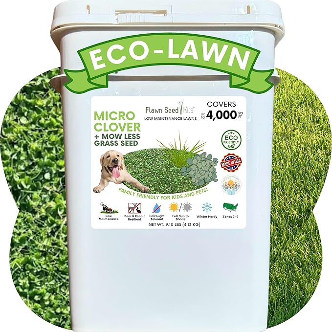 Flawn Seed Kits Micro Clover Seed + Mow Less Fine Fescue Grass, Up to 4,000 Sqft, Low Maintenance, Eco-Lawn, Pail with Handle