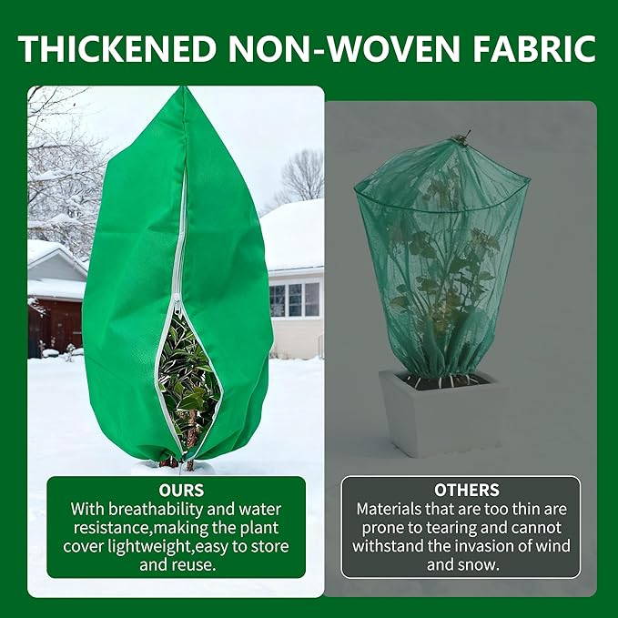Spring Plant Covers Wind and Frost Protection, Reusable & Breathable Non-Woven Fabric Plant Covers with Zipper Drawstring to Protect Trees, Garden Flower, 5 Pack, Green, 31.5" x 47.3"