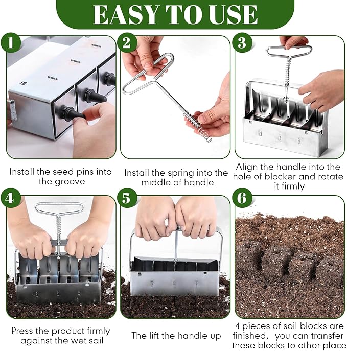 2 Pcs Soil Blocker Set Includes 2 Inch 4 Cell Soil Block Maker and 3/4 Inch 20 Cell Seed Block Maker with Seed Pins Handheld Soil Blocking Tools for Greenhouse Garden Farm Seed Starting