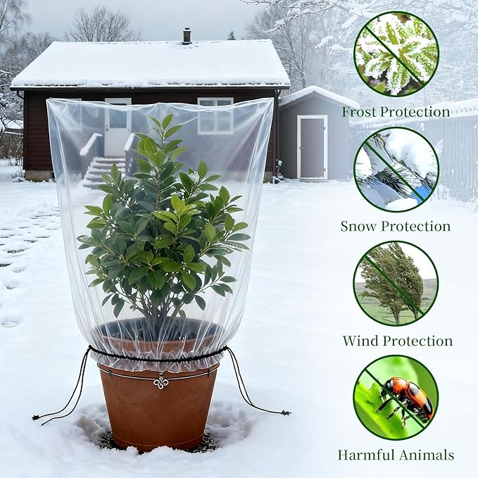 2 Pcs Winter Plant Covers Freeze Protection with Drawstring, 31.5"x39.4" Clear Plastic Film Shelter Bags, Waterproof Plant Frost Protection Covers for Outdoor Garden Shrubs Crops
