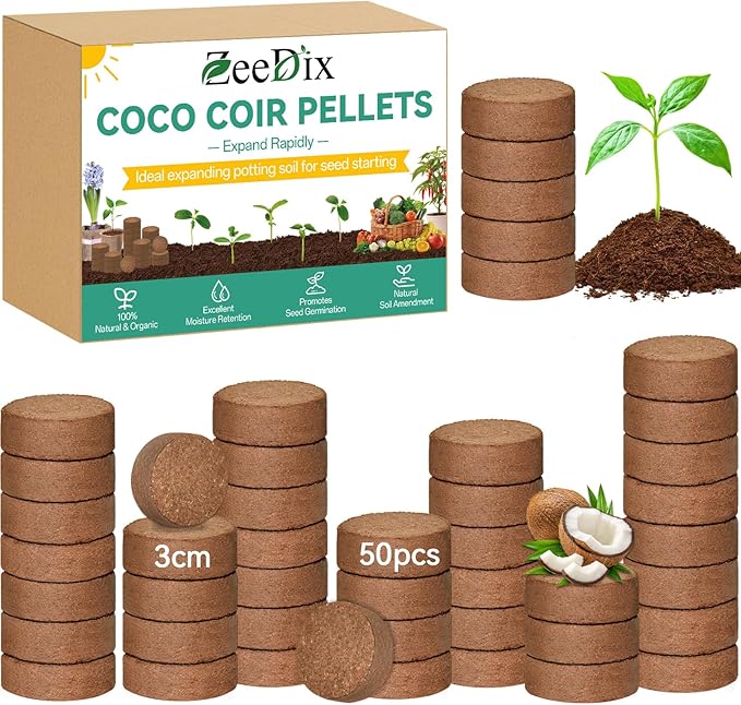 ZeeDix 50Pcs Organic Coco Coir Pellets for Seed Starter, Compressed Coconut Coir Potting Soil for Planting, Garden Soil for Indoor Outdoor Plants Bonsai Herbs Flowers Vegetables (30mm)