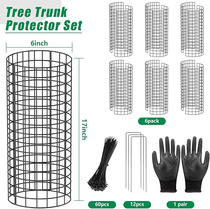UQM Tree Trunk Protector, 12 Pcs Metal Tree Guards Trunk Protector with Glove & Metal Stakes & Zip Ties, 6 Pack Mesh Tree Bark Protector, Plant Protectors from Deer Animals Mowers Trimmers