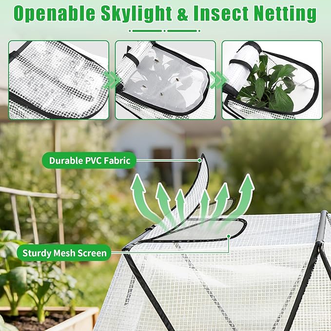 2Pack Foldable Garden Plants Covers with Two Dual Layer Skylights, 47.2" X 14.2" X 13" Raised Bed Greenhouse Cover, Garden Frost Protection for Vegetable Flower Fruits from Animals, Include 16 Stakes