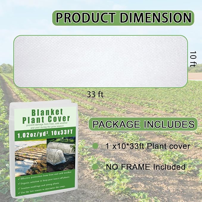 Plant Covers Freeze Protection, 10x33ft Reusable Frost Blanket, Non-Woven Winter Plant Cover for Outdoor Plants, Vegetables,Flowers, 1 oz/yd² Frost Cloth for Cold Weather Snow
