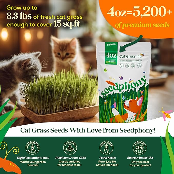 Seedphony Cat Grass Seed Mix – 4 oz Pack with 5,200 Non-GMO Heirloom Seeds for Cats, Barley, Oat, Rye & Wheatgrass for Indoor Growing, Fresh Pet Grass for Digestion & Hairball Control